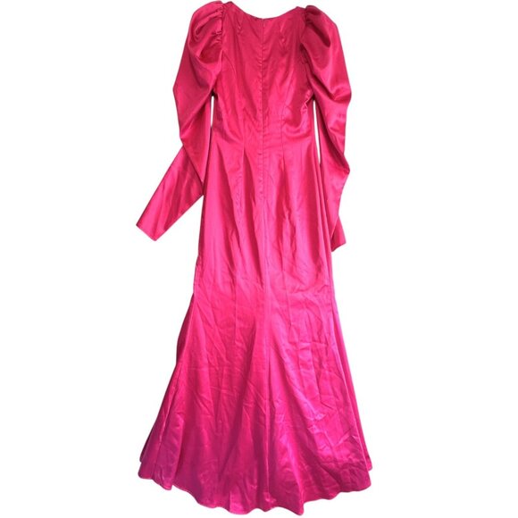 Ieena for Mac Duggal Puff Sleeve High Slit Formal Satin Gown Hot Pink Size 6 - Picture 4 of 10